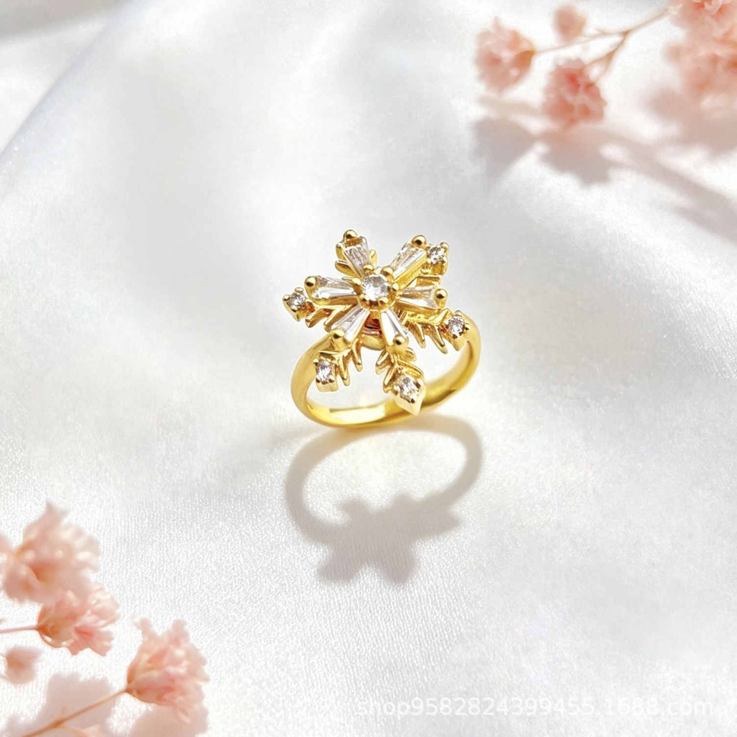 Wholesale 360° Rotating Double-Layer Flower Ring Gold Plated Zircon Fashion Accessory Boutique Gift