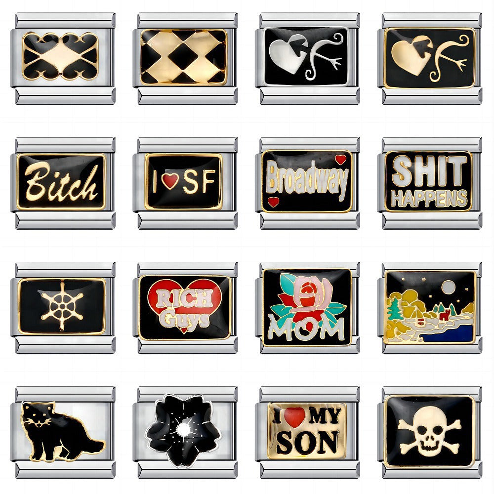 Wholesale Cartoon Italian Modular DIY Bracelet Stainless Steel Black Gold Plated Jewelry Accessory for Boutique Resale