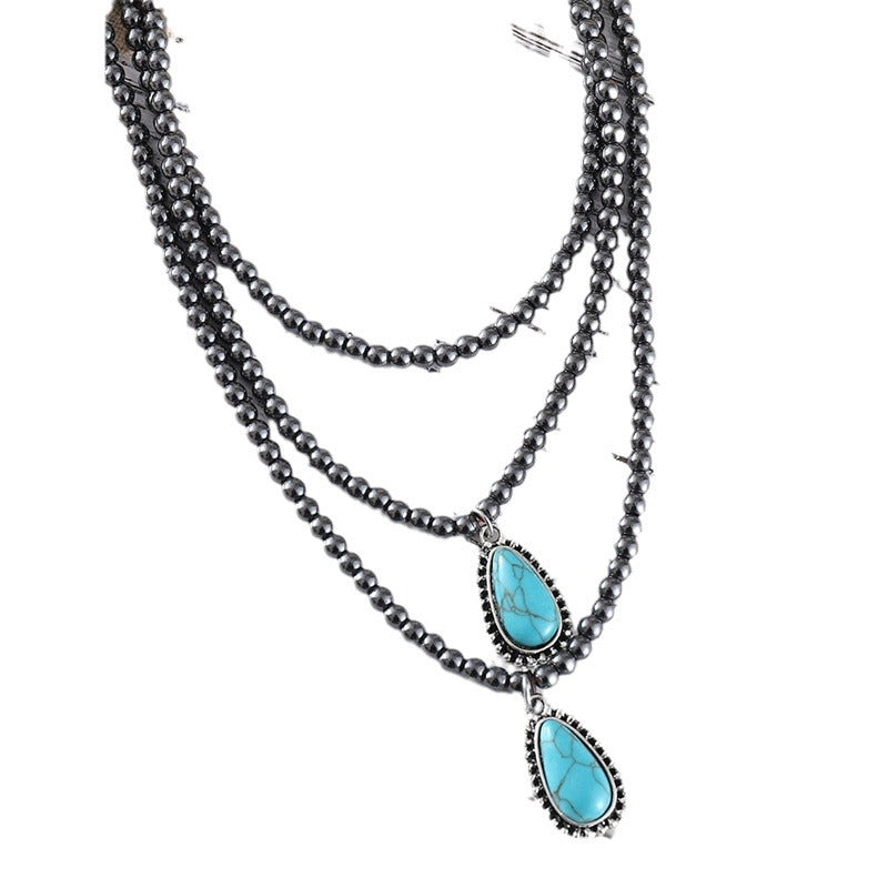 Wholesale Zinc Alloy Bohemian Teardrop Turquoise Black Bead Necklace Jewelry Accessory