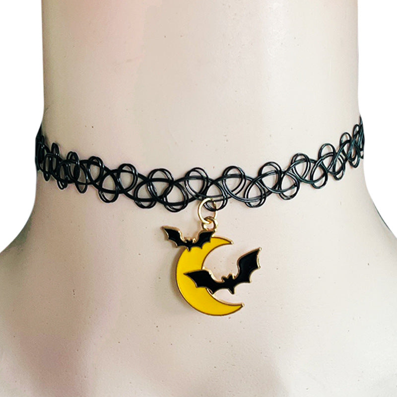 Wholesale 2pcs Halloween Black Lace Clavicle Chain Moon Black Cat Witch Ghost Cute Necklace