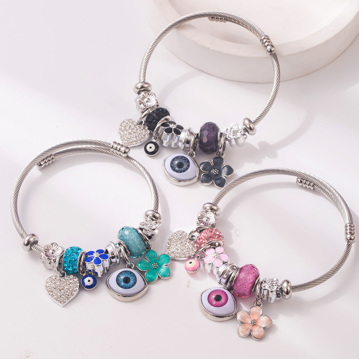 Wholesale Zircon Evil Eye Heart Flower Charm Bracelet For Women Trendy Fashion Accessory Boutique Resale Jewelry Gift