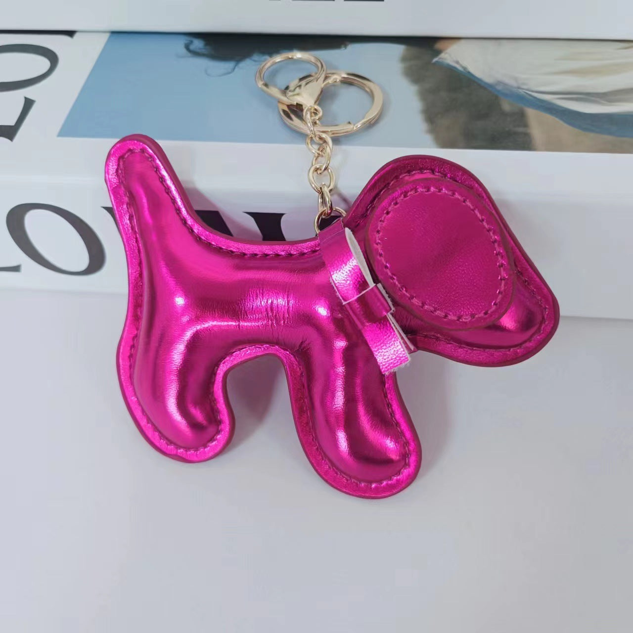 Wholesale Cute Bow Metallic Red Leather Puppy Keychain Bag Charm Boutique Resale