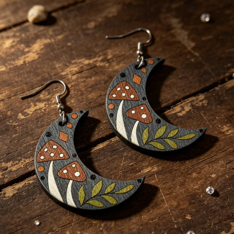 Wholesale Geometric Wooden Crescent Earrings With Moon Mushroom Plant Print Fairy Tale Style Jewelry Accessory For Party Gift Resale