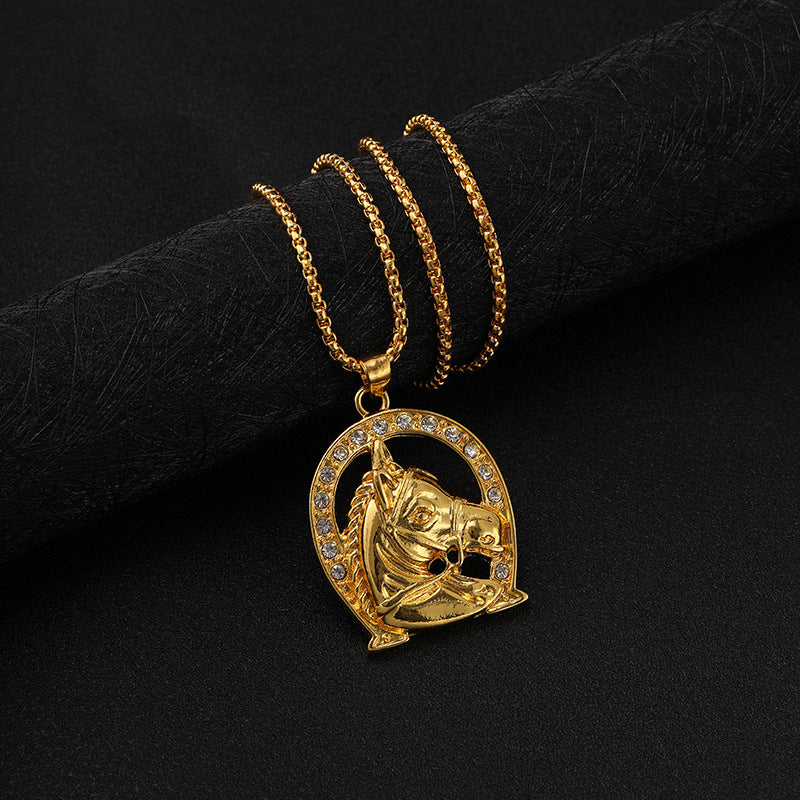 Wholesale  zinc alloy gold plated diamond horse head pendant necklace