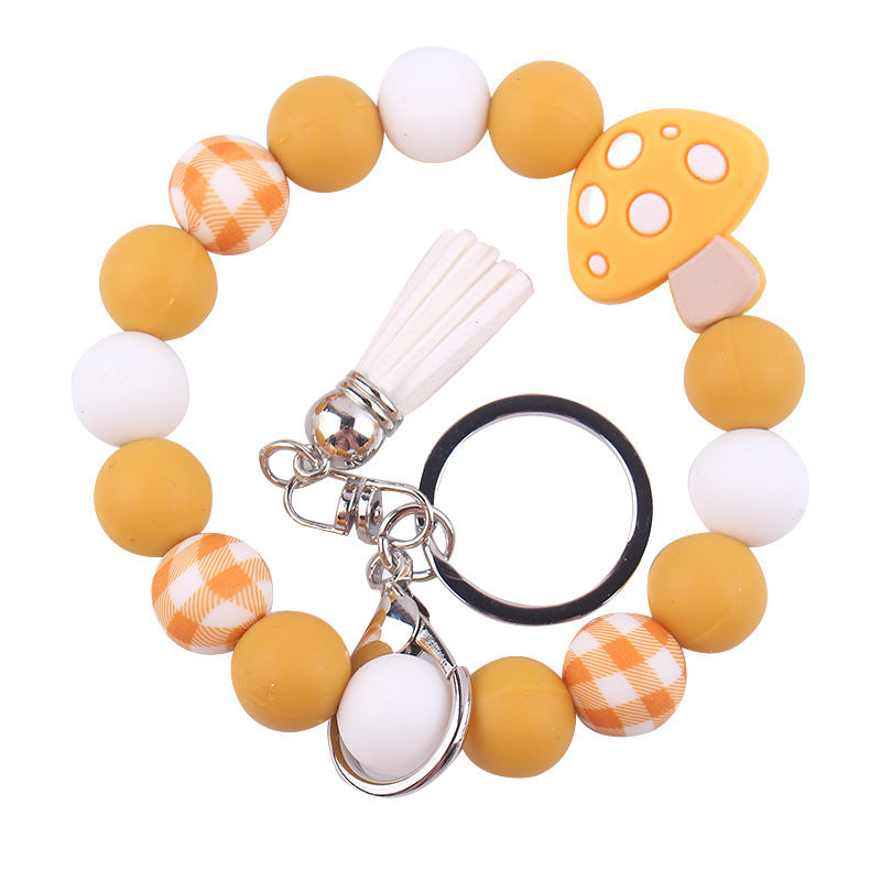 Wholesale  wrist keychain pendant leather PU short tassel mushroom silicone beaded bracelet