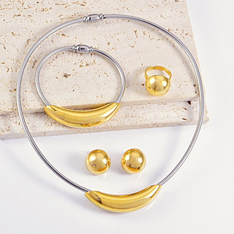 Wholesale Stainless steel magnet hollow elbow snake bone collar gold steel color bracelet  earring necklace suit