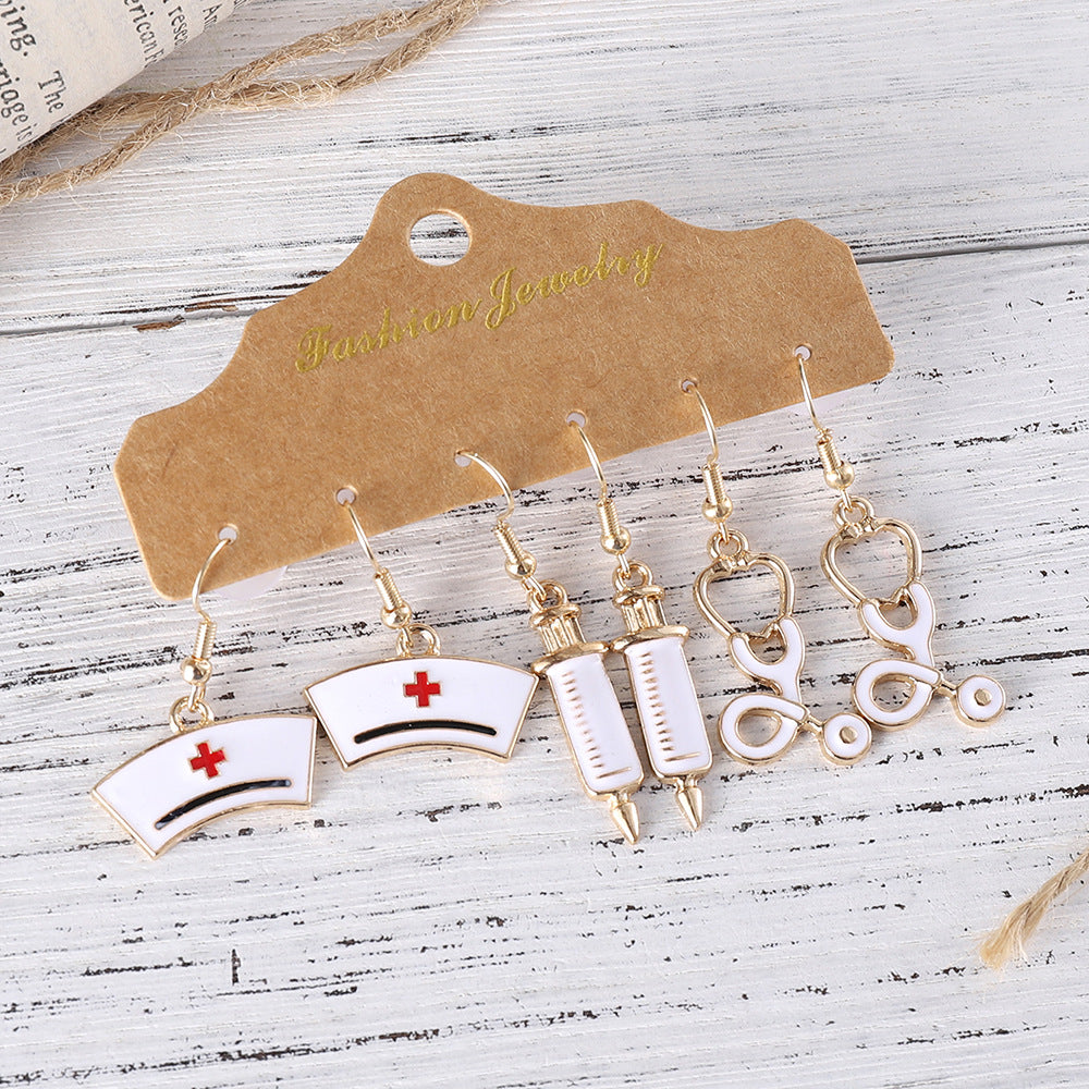 Wholesale Nurses Day nurse cap stethoscope syringe oil drop earrings set