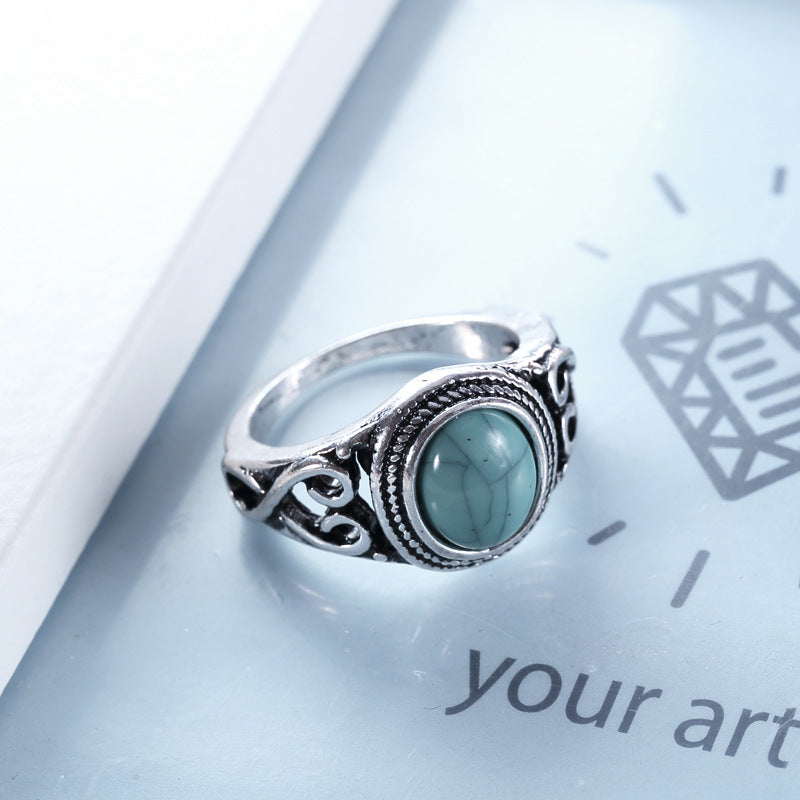 Wholesale Retro Carved Men' s Ring with Turquoise Gemstone - Fashion Jewelry Accessory for Everyday Wear
