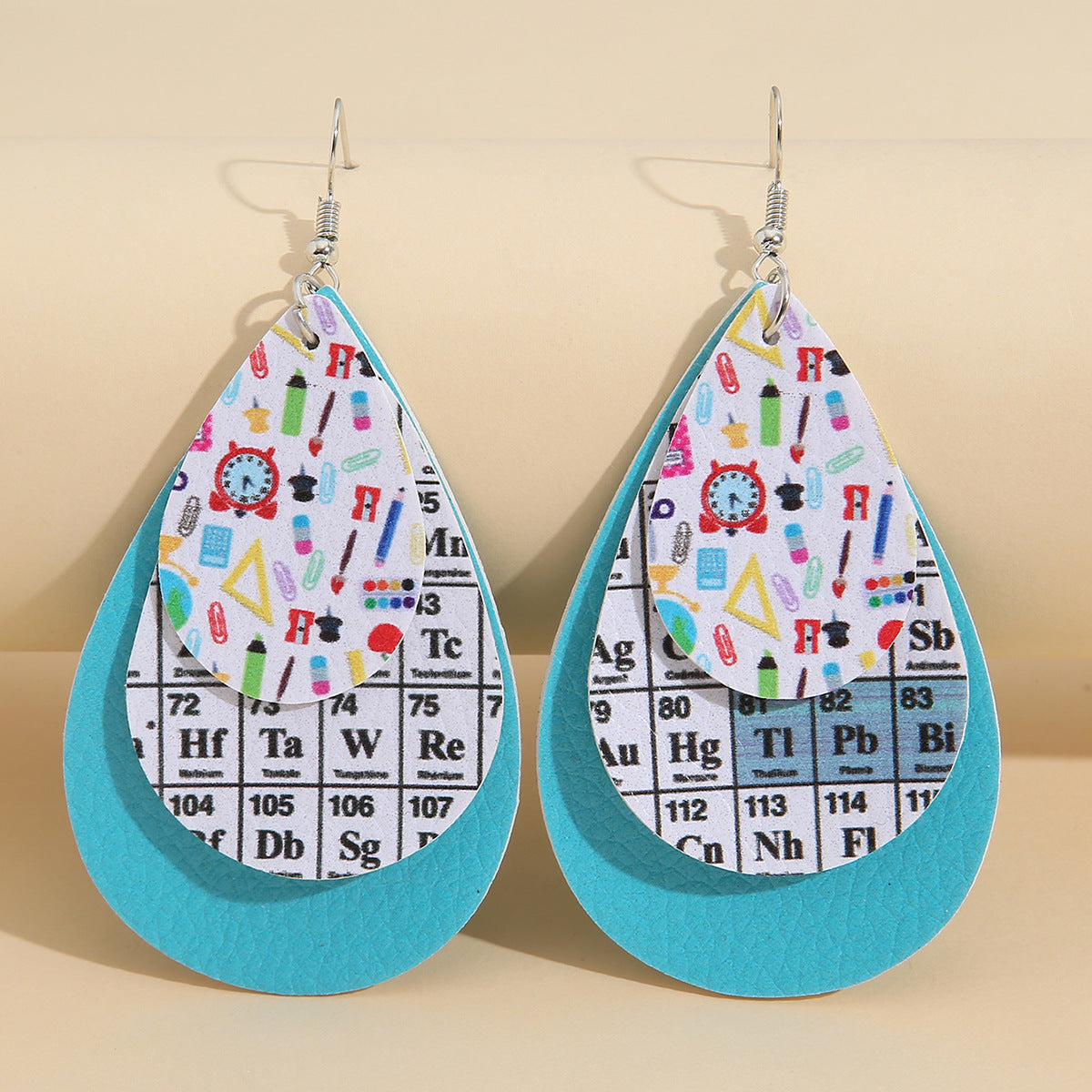 Wholesale drop-shaped three-layer graduation season printed leather earrings