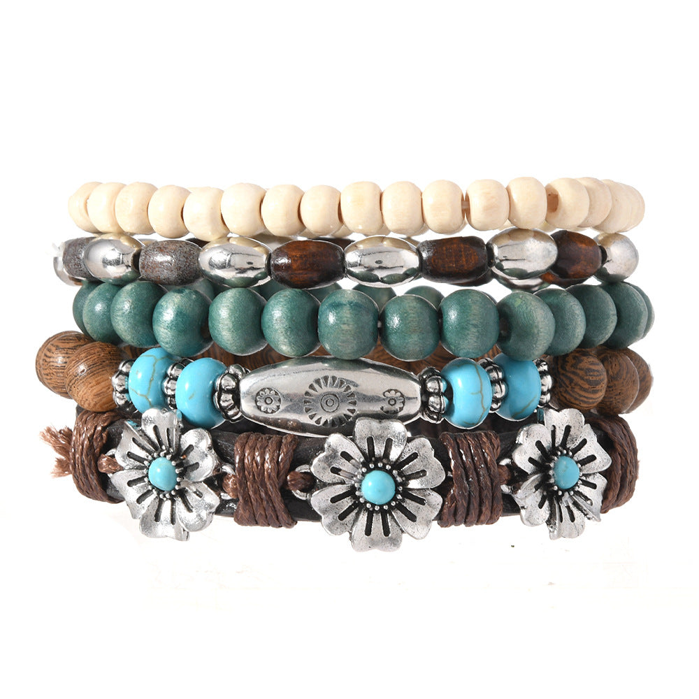 Wholesale Bohemian Wood Bead Bracelet Set Of 5 Multilayer Flower Turquoise Fashion Accessory Gift