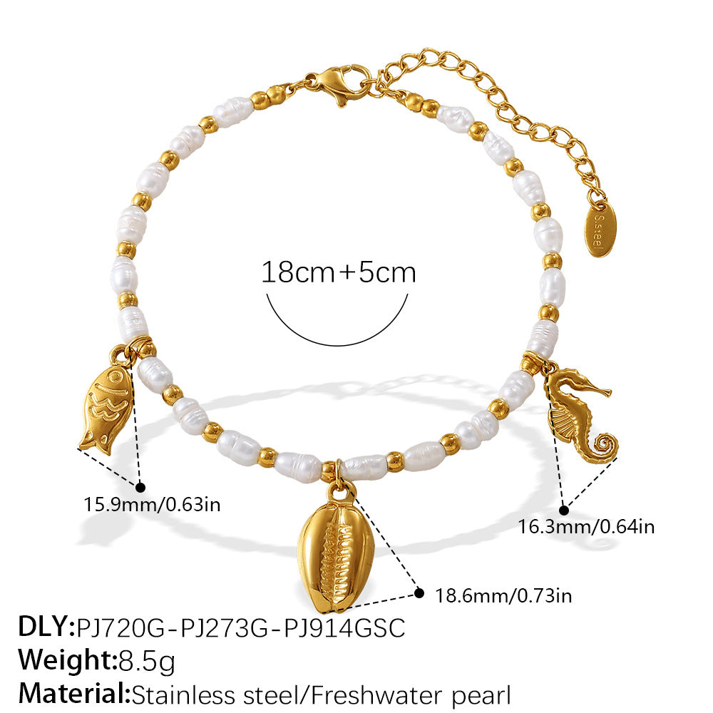 Wholesale  Fashion Creative Ocean Theme Freshwater Pearl DIY Dolphin Pendant Bracelet Plated with 18K Gold Niche Jewelry for Women