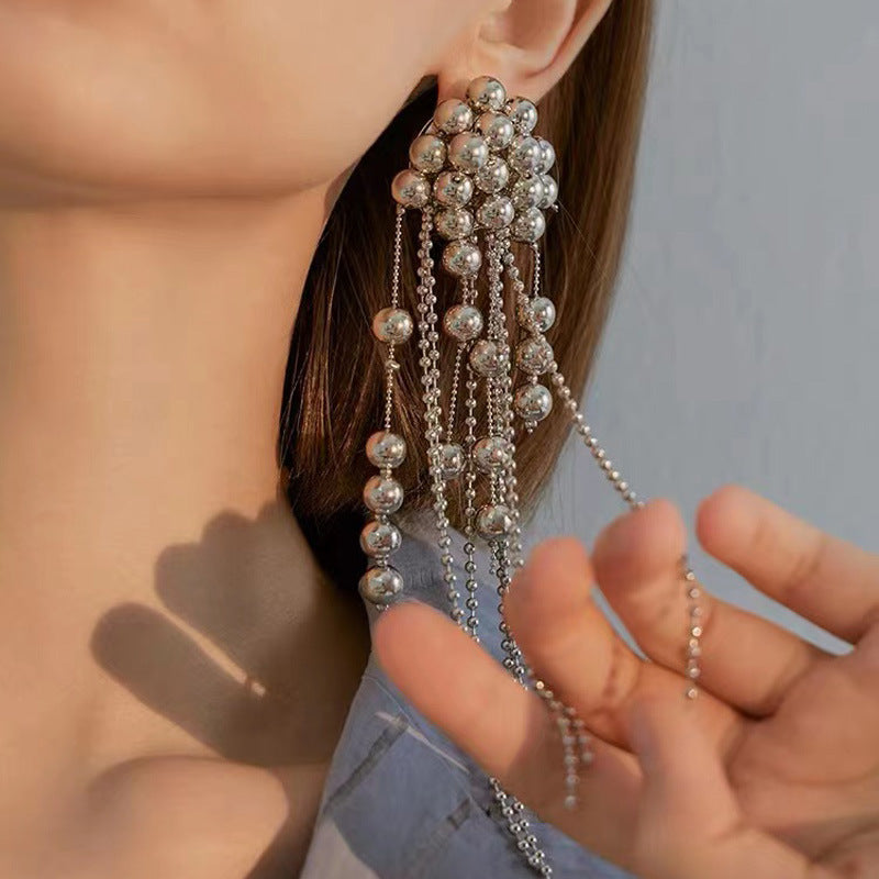 Wholesale  Metal Ball Beaded Tassel Long Earrings