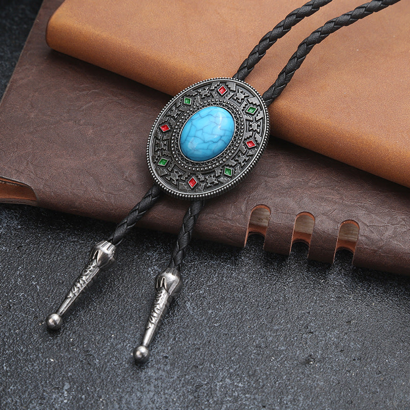 Wholesale Vintage Western Turquoise Lace Bolo Tie Necklace Unisex Alloy Leather Pendant Jewelry Accessory