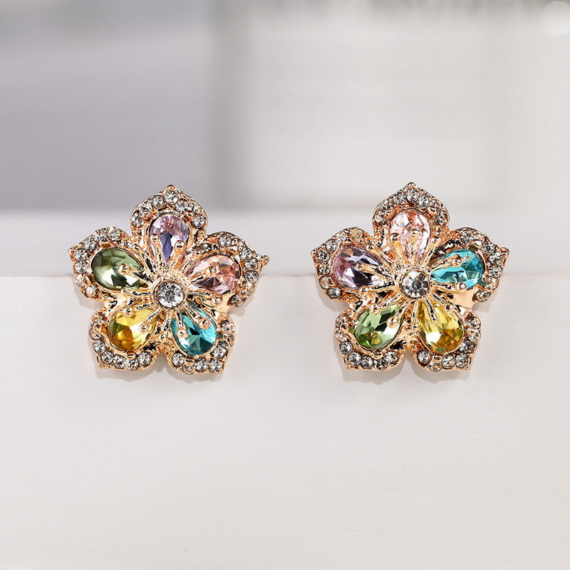 Wholesale colorful flower zircon earrings female creative full diamond petals  earrings