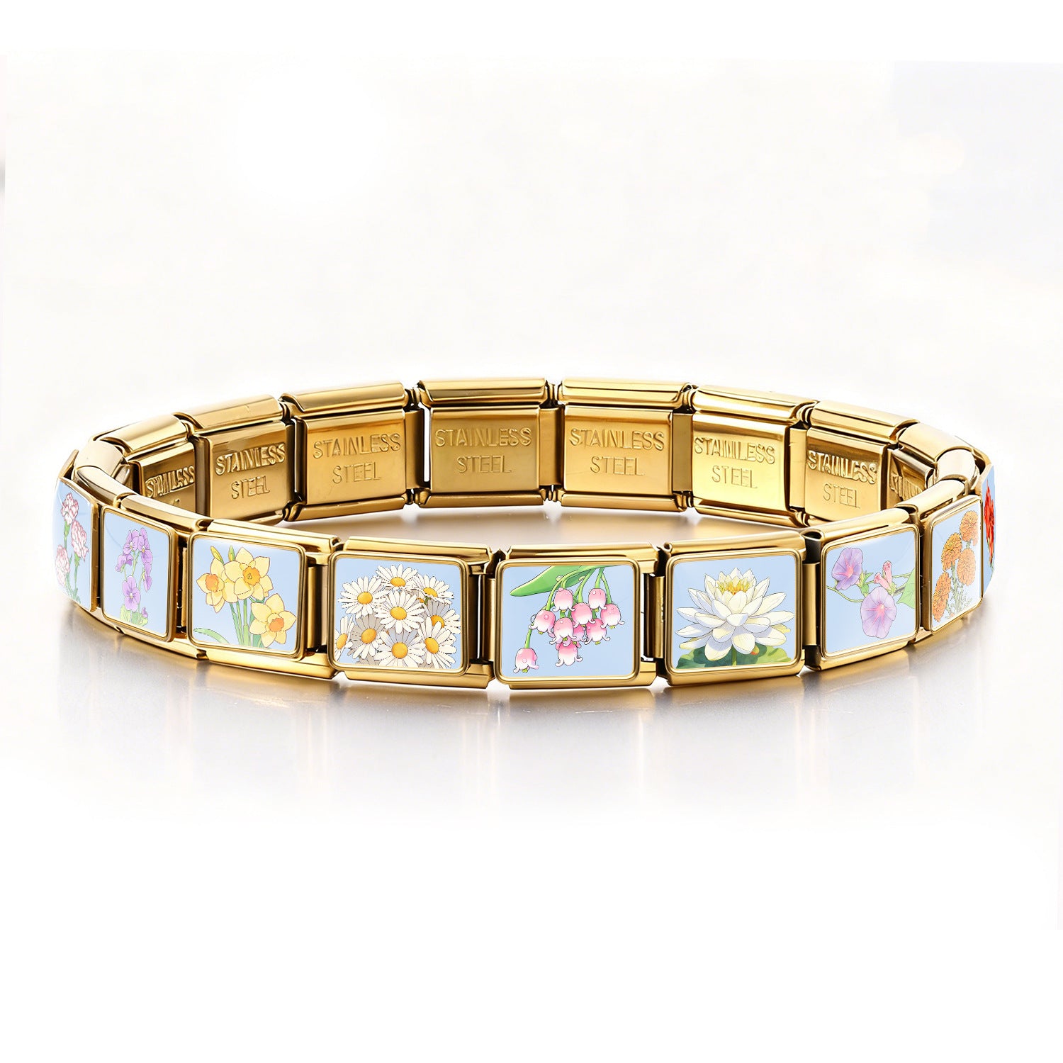 Wholesale Stainless Steel Birthflower Modular Bracelet Trendy Jewelry Gift for Everyday Wear