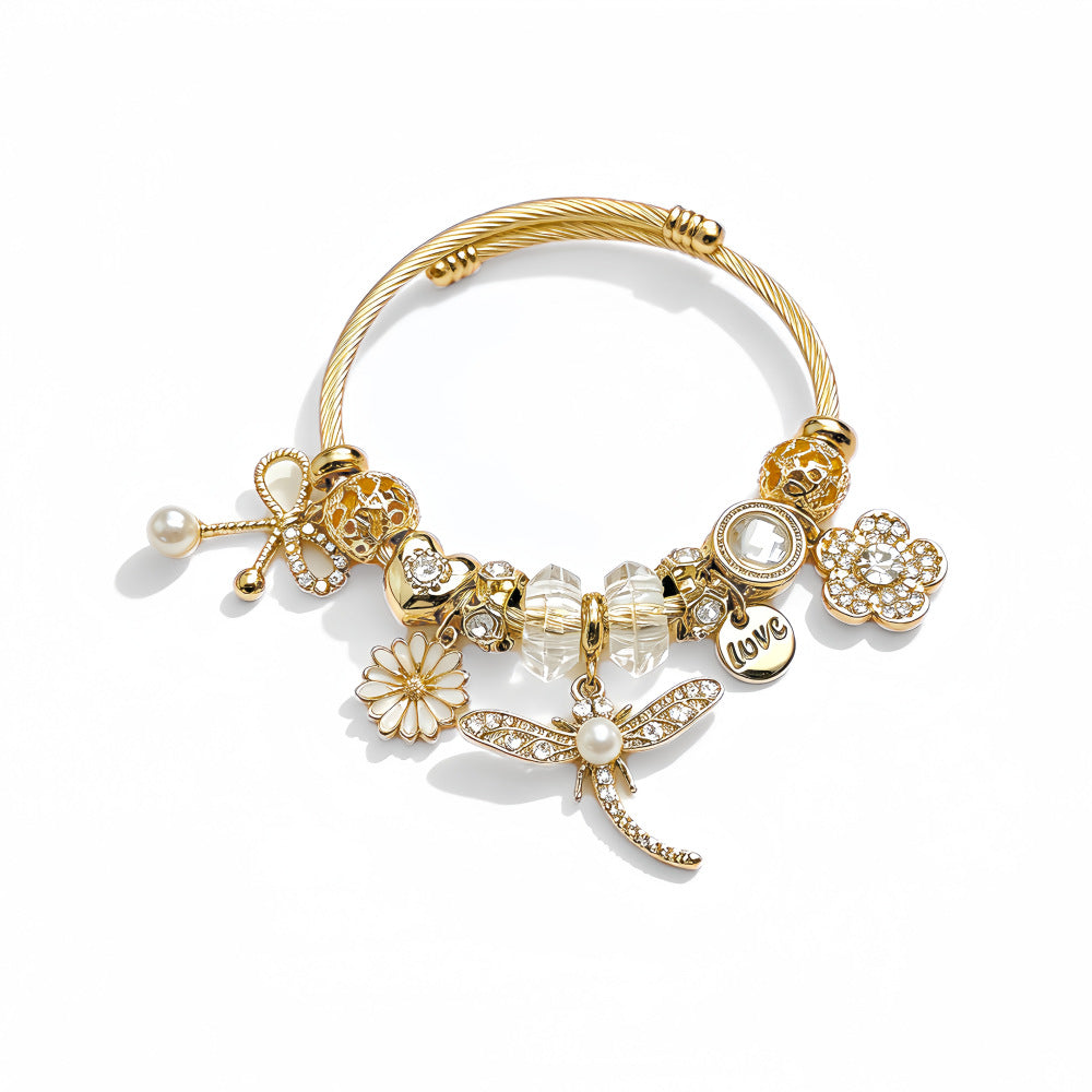 Wholesale Pastoral Gold Open Cuff Bangle With Dragonfly Bee Bow Pearl Charm Stainless Steel Women S Fashion Jewelry Accessory Boutique Resale Gift
