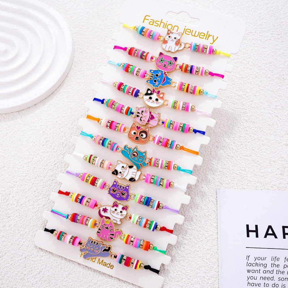 Wholesale Colorful polymer clay beaded cartoon animal pattern bracelet hand-woven adjustable size children' s jewelry