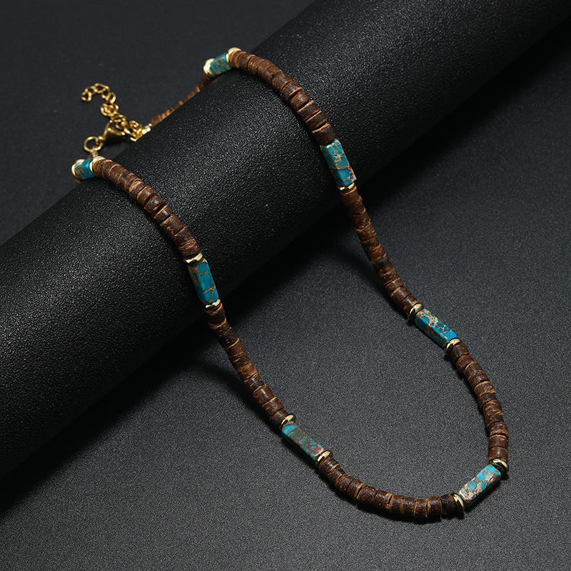 Wholesale Vintage Bohemian Summer Brown nut Shell Wood Bead Natural Stone Necklace for Men