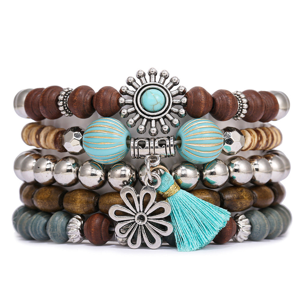 Wholesale Wooden turquoise evil eye heart and bull head beaded bracelet