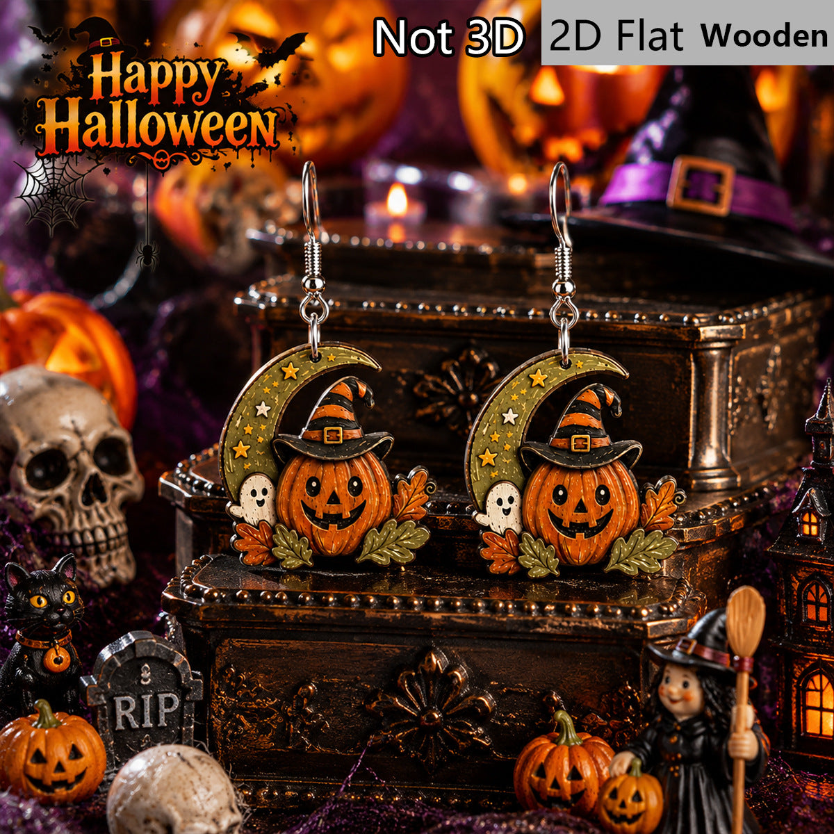 Wholesale Wooden  Earrings Crescent Witch Hat Pumpkin Ghost Maple Leaf Star Painted Dangle Earrings For Party And Gift