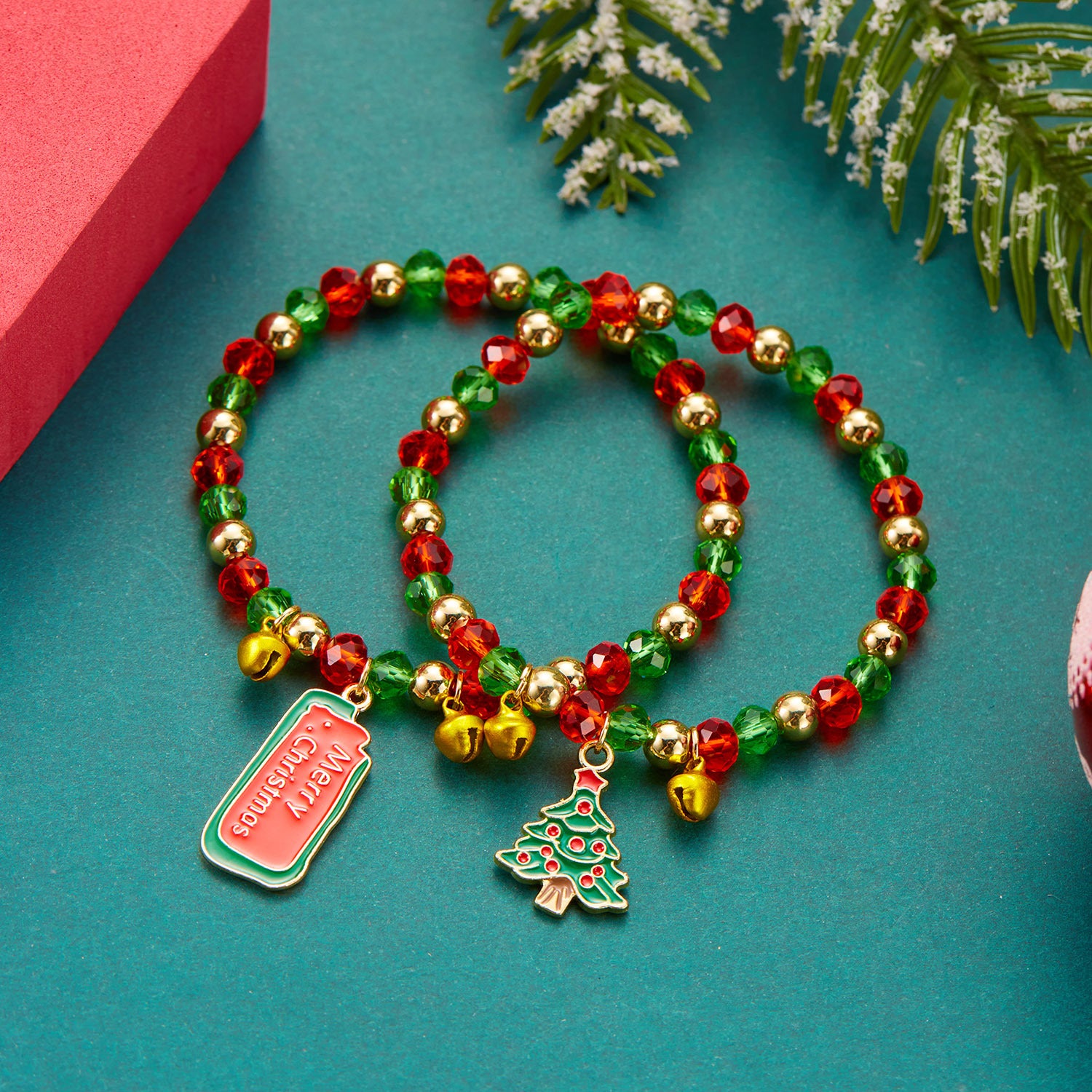 Wholesale Christmas Tree  Red and Green Crystal Beaded Bracelet