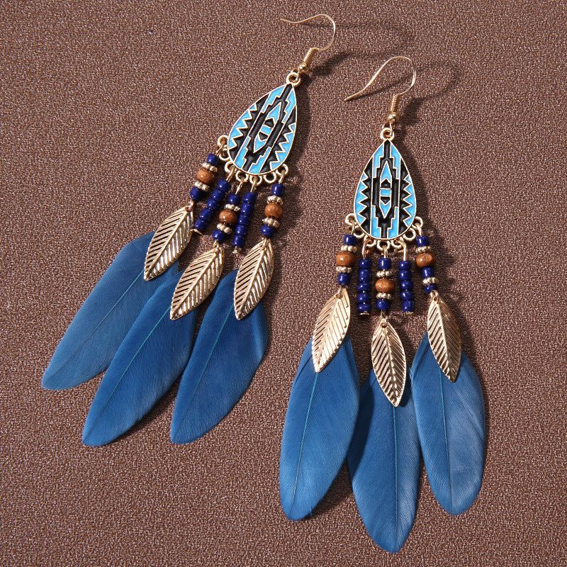 Wholesale Water Drop Tassel Feather Earrings Long Bohemian Rice Bead Earrings ACC-ES-Gumi006