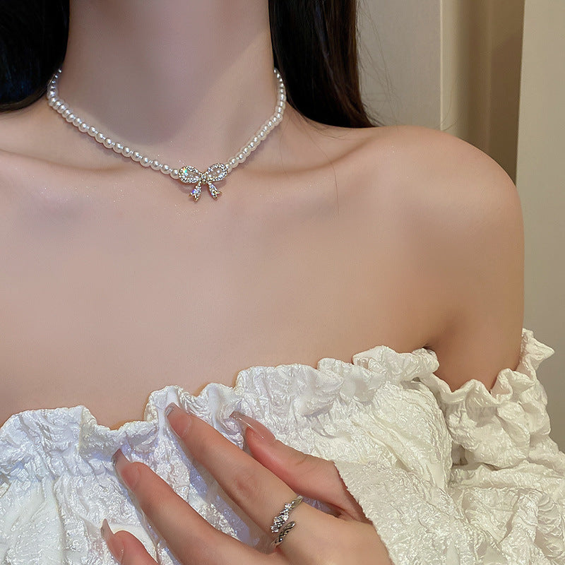 Wholesale Silver Needle Diamond Pearl Double Circle Heart Necklace  ACCVIP-NE-KJ002