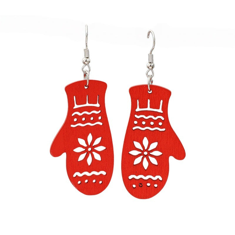 Wholesale Christmas Red Glove Print Wooden Earrings Hollow Design Gift Fashion Jewelry Accessory