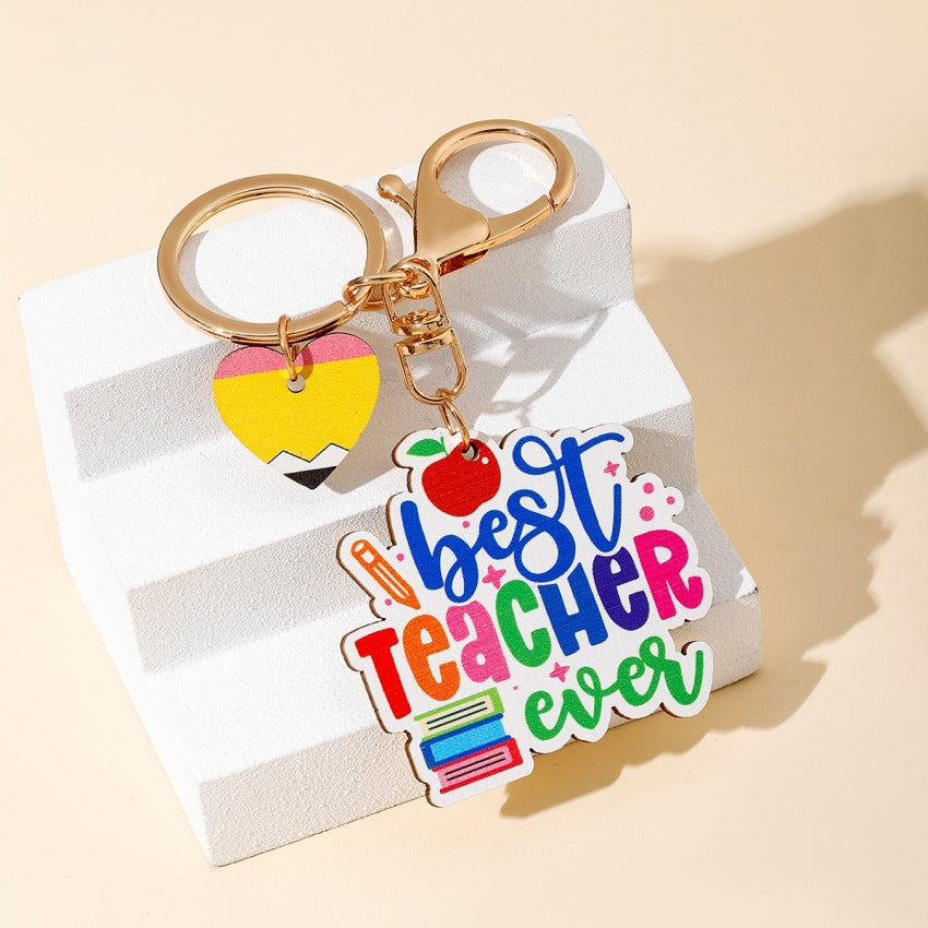 Wholesale Teacher’s Day Rainbow Wooden Sign Tassel Keychain ACC-KC-RongR042
