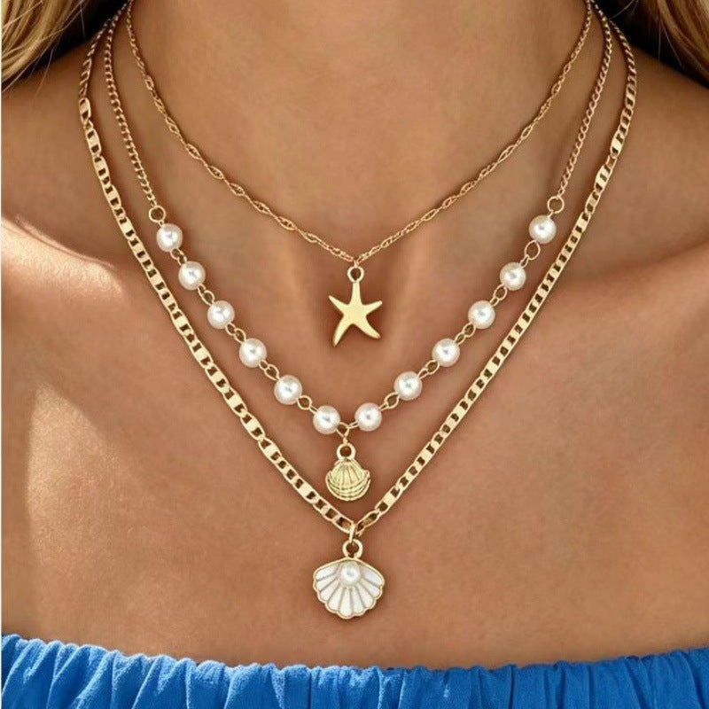 Wholesale Zinc Alloy Electroplated Double Layer Pearl Shell Necklace Summer Beach Vacation Style Fashion Accessory