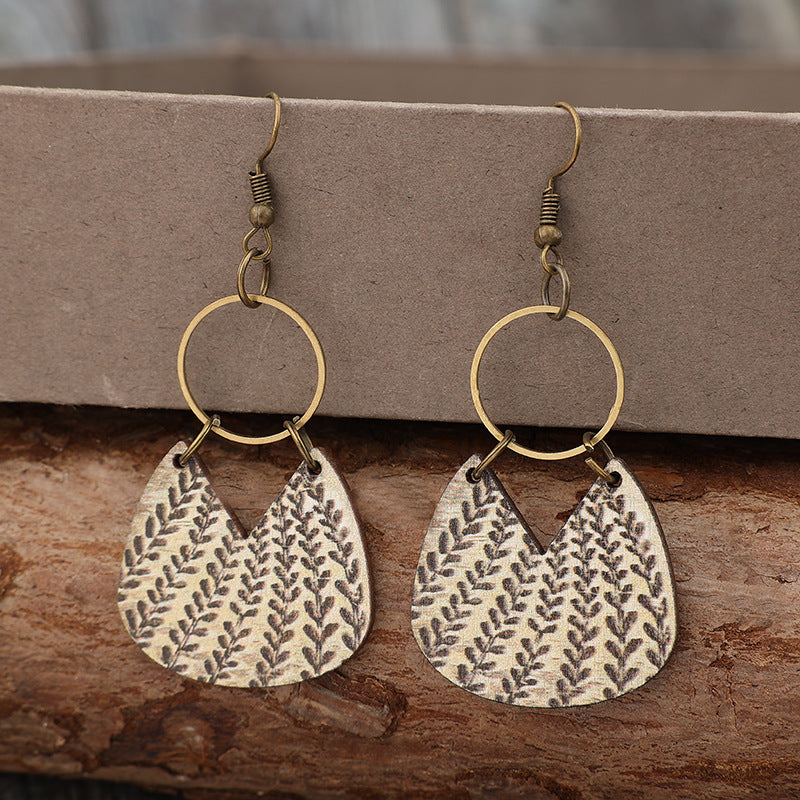 Wholesale  Retro Geometric Wood Chip Spliced Alloy Circle Wooden Earrings