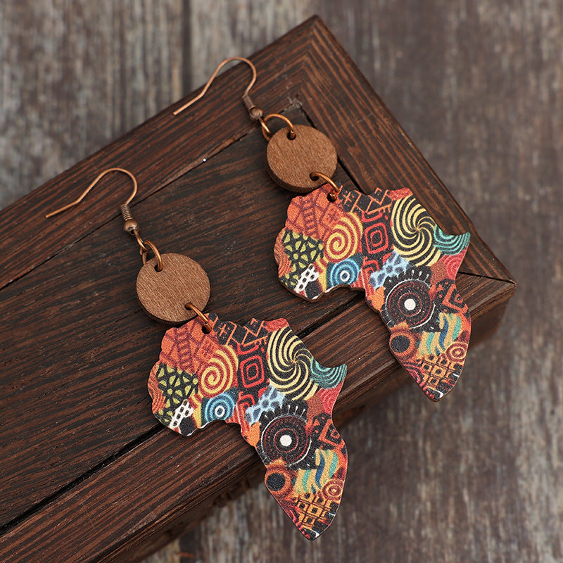 Wholesale Vintage Map Pattern Wooden Bohemian Earrings