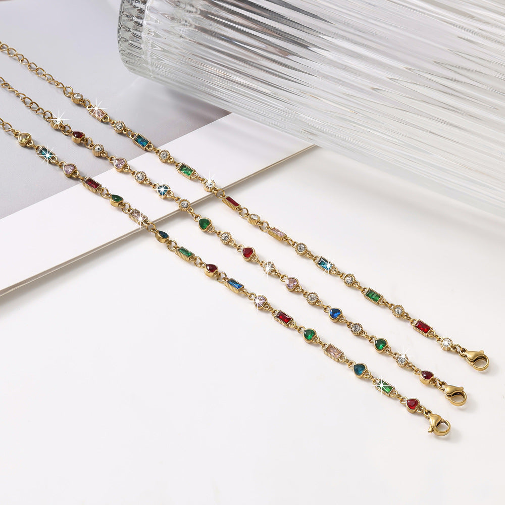 Wholesale Geometric Micro Set Colorful Gemstone Chain Bracelet Stainless Steel Gold Plated Women S Fashion Jewelry Accessory
