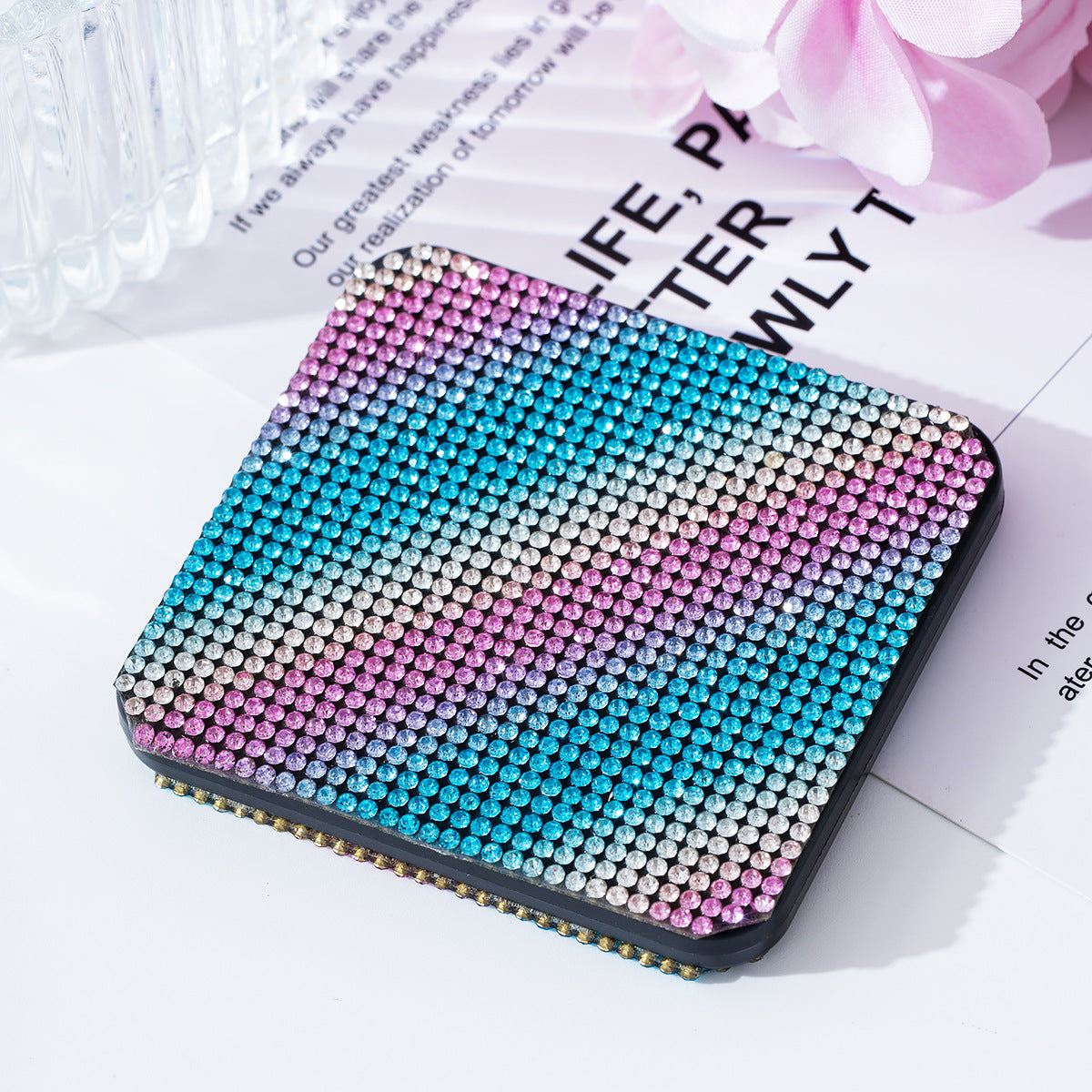 Wholesale Rhinestone portable small mirror mini portable double-sided folding square makeup mirror