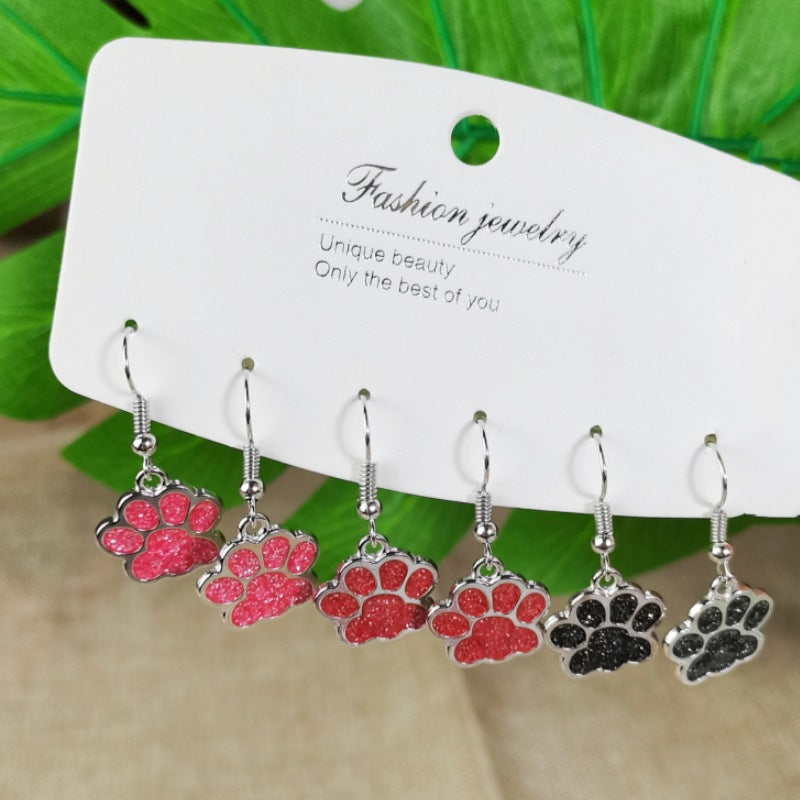 Wholesale Colorful Glitter Oil Dripping Dog Paw Earrings