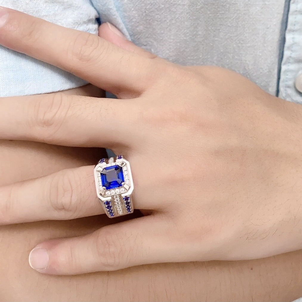 Wholesale Stylish Men' s Silver Tone Alloy Ring with Blue Square Zircon Pave,  Fashion Jewelry Accessory