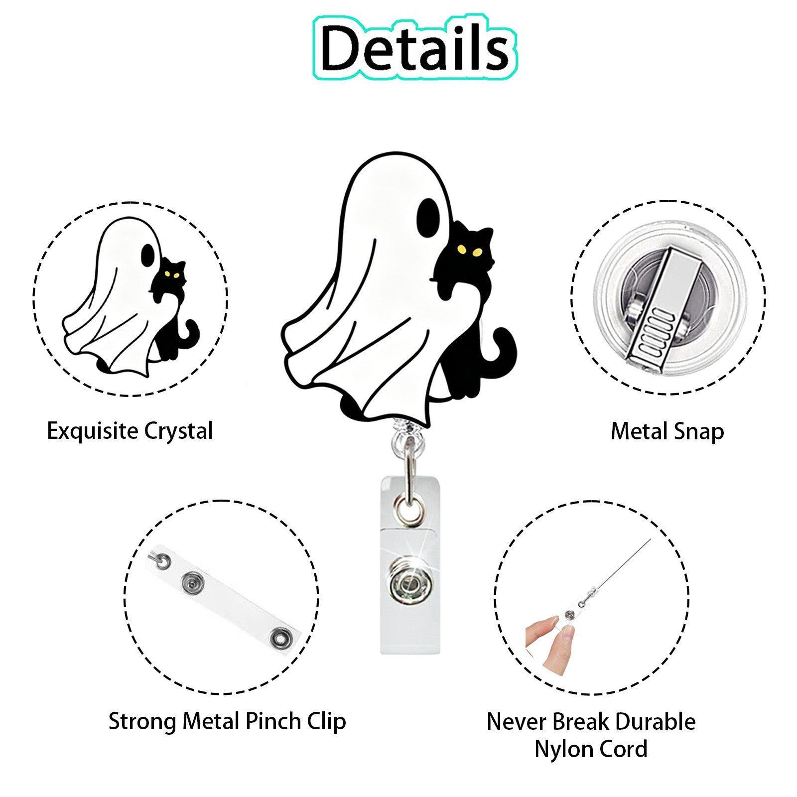 Wholesale Acrylic Retractable Badge Holder:  Ghost Black Cat Design,  Decorative Gift for Medical Staff