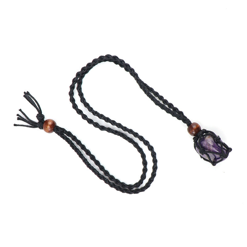 Wholesale Trendy Handmade Amethyst Crystal Necklace With Black Woven Net Pendant Adjustable Jewelry Accessory