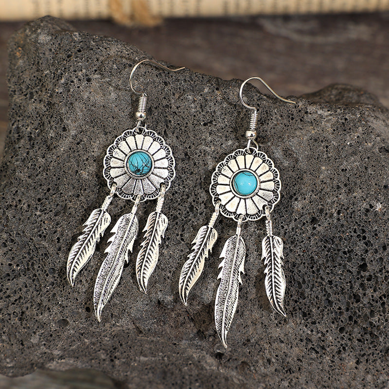 Wholesale Electroplated Alloy Retro Turquoise Dreamcatcher Feather Tassel Earrings Fashion Accessory