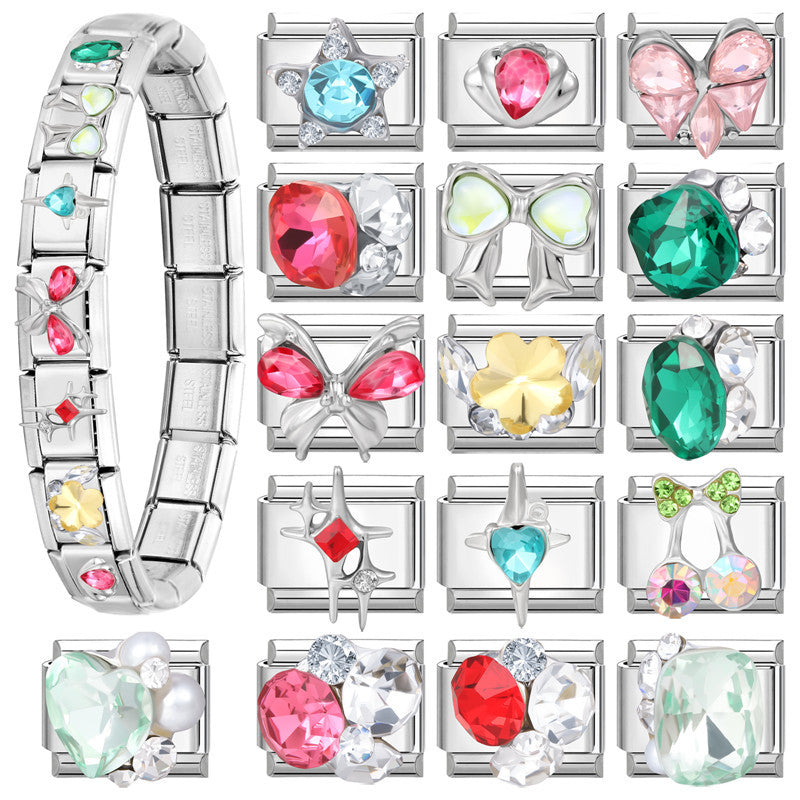 Wholesale Colorful Diamond Butterfly Heart Pendant Stainless Steel DIY Bracelet Accessories European American Style Jewelry for Party Gift