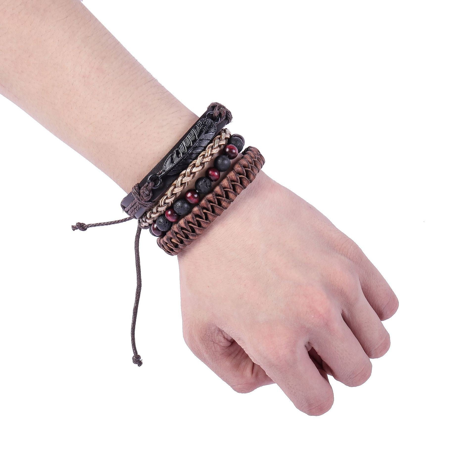 Wholesale Multi-layer Leaves Retro  Volcanic Stone Alloy Feather Leather Bracelet