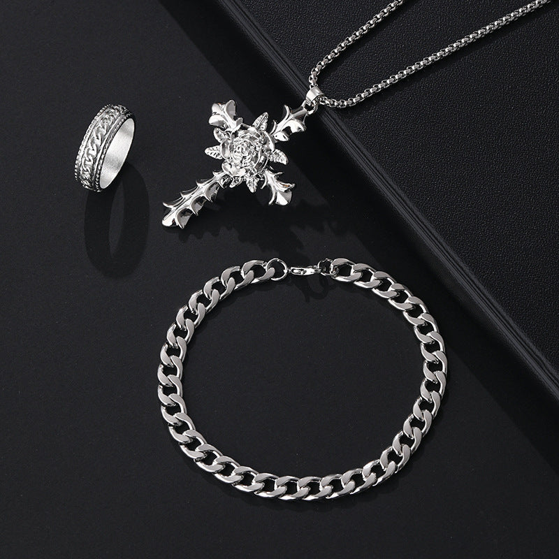 Wholesale Stylish Black Cross Crown Roman Numeral 3 Piece Jewelry Set Necklace Bracelet Ring Fashion Accessory Gift