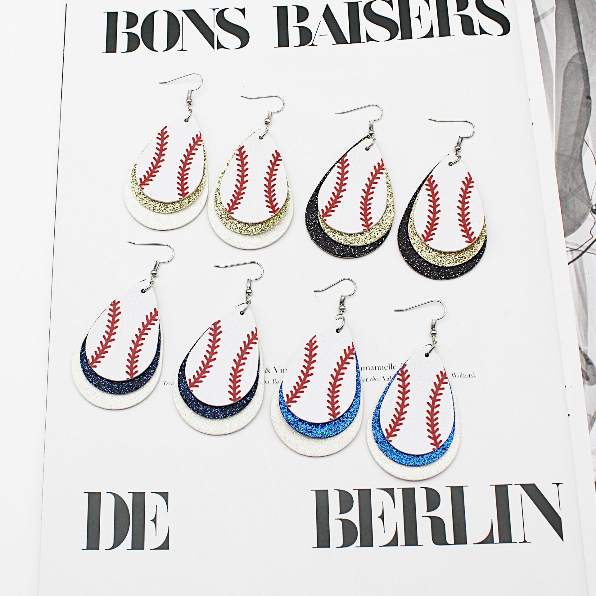 Wholesale drop-shaped round baseball  Leather earrings