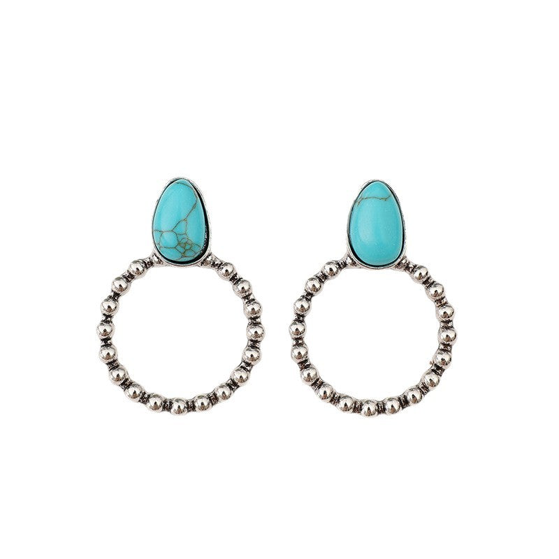 Wholesale Vintage Blue Turquoise Earrings Silver-Tone Alloy Bohemian Fashion Jewelry Accessory for Women