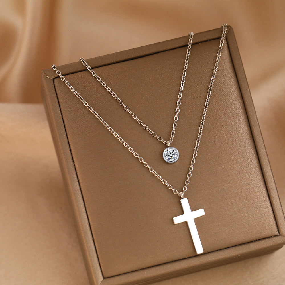 Wholesale Stainless Steel Layered Cross Pendant Necklace With Zircon And Pearl Chic Fashion Jewelry For Women Boutique Resale