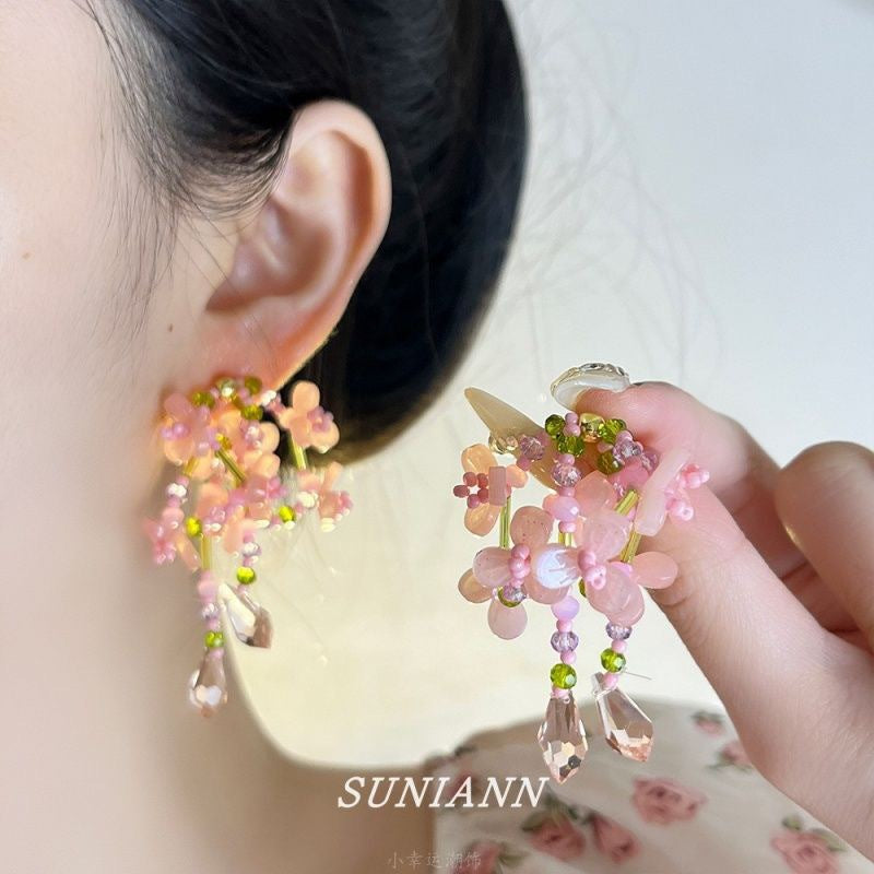 Wholesale  flower beaded tassel long earrings