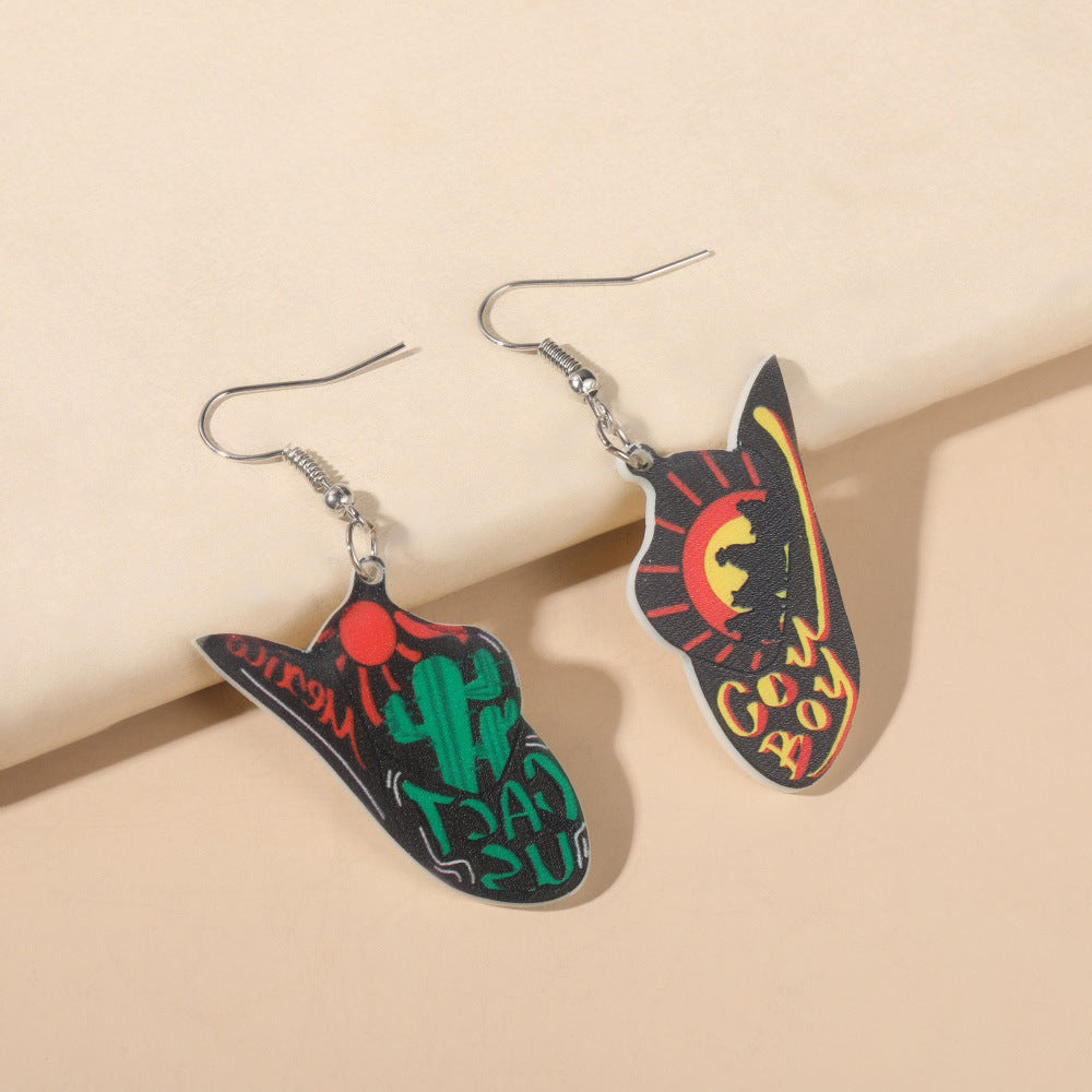 Wholesale acrylic wooden earrings  western Denim theme cow head cowboy hat earrings
