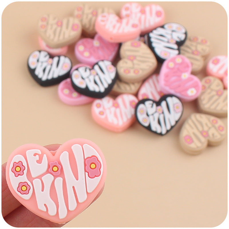 Wholesale 10pcs Heart-shaped BE KIND Silicone Beads ACC-BDS-GuangTian012