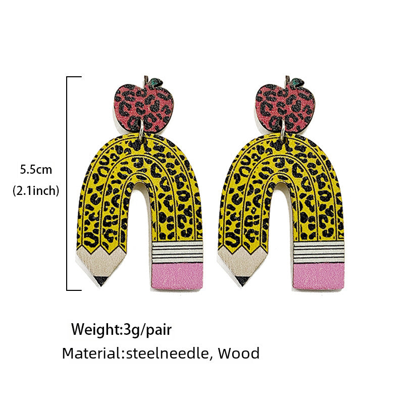 Wholesale Teacher Wood Earrings Leopard Pencil Apple Stitching Earrings