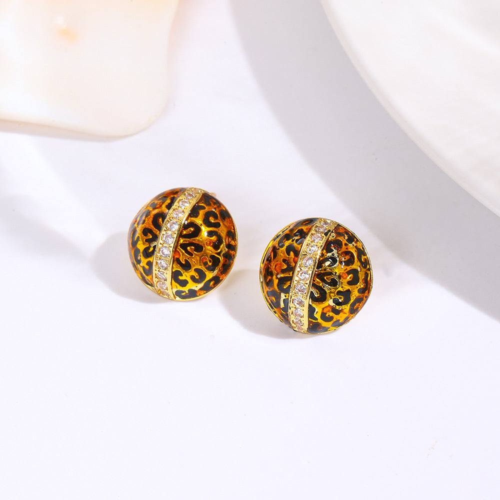 Wholesale  Retro Oil Dripping Geometric C-Shaped Leopard Print Earrings